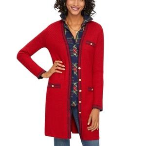 Talbots Wool Blend Red & Metallic Navy Blue Lurex Tipped Sweater Cardigan 1X
